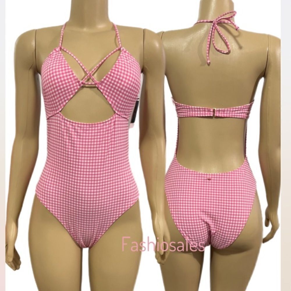 Victorias Secret Swim Gingham Strappy Cutout One-piece Swimsuit Hollywood Pink